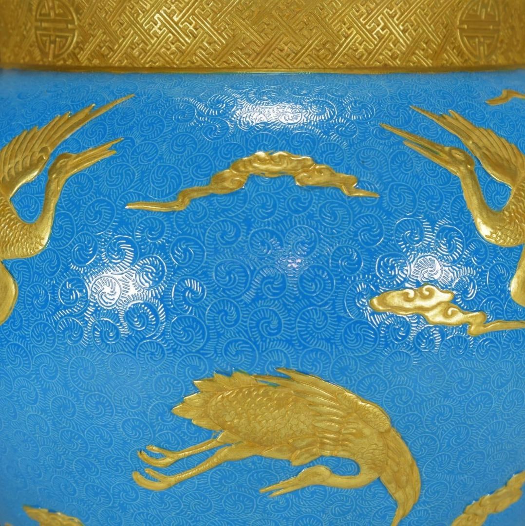 A Exquisite Blue Glazed Gilt Crane Pattern Vat - 5
