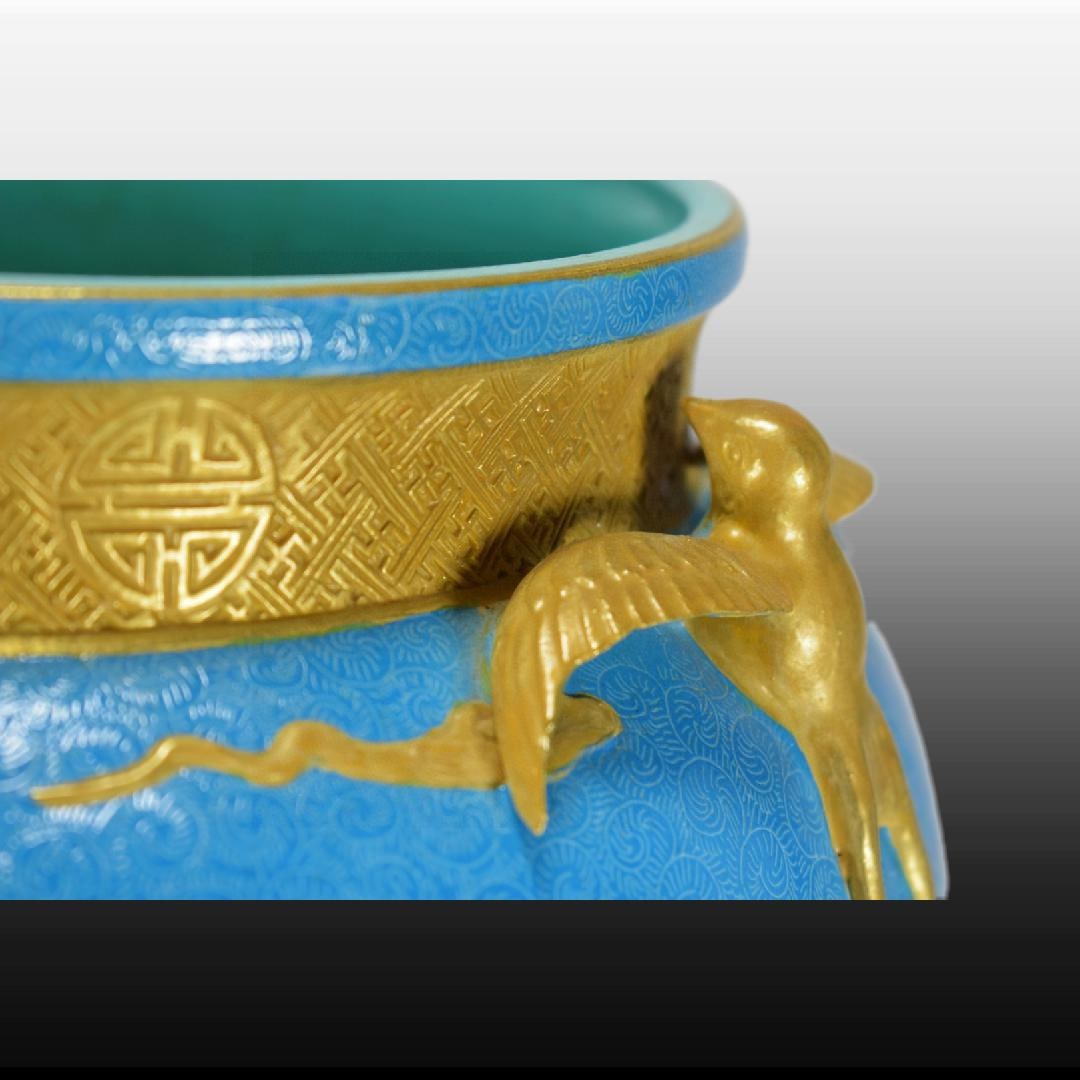 A Exquisite Blue Glazed Gilt Crane Pattern Vat - 6