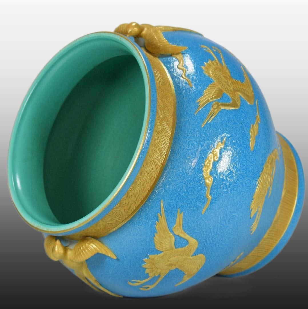 A Exquisite Blue Glazed Gilt Crane Pattern Vat - 7