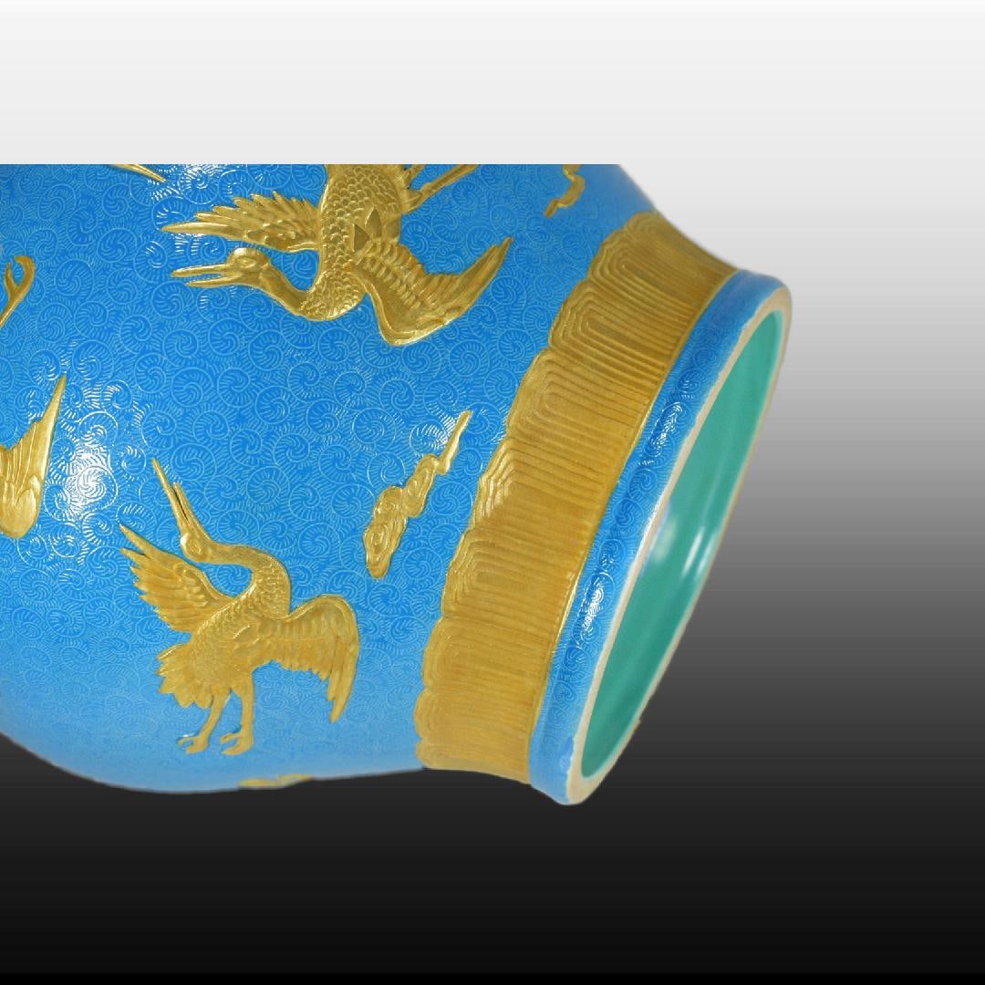 A Exquisite Blue Glazed Gilt Crane Pattern Vat - 8