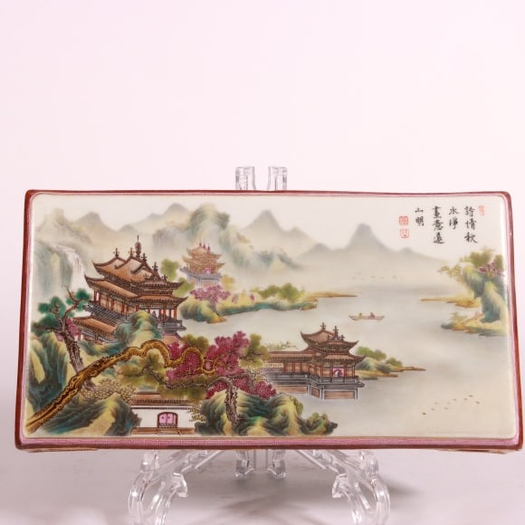 A Exquisite Famille-Rose Painted Gold Landscape Pattern Ink Bed: A Exquisite Famille-Rose Painted Gold Landscape Pattern Ink Bed,Qing Dynasty, China,Qianlong Four-character Mark,Size:2inx9.7inx4.9in