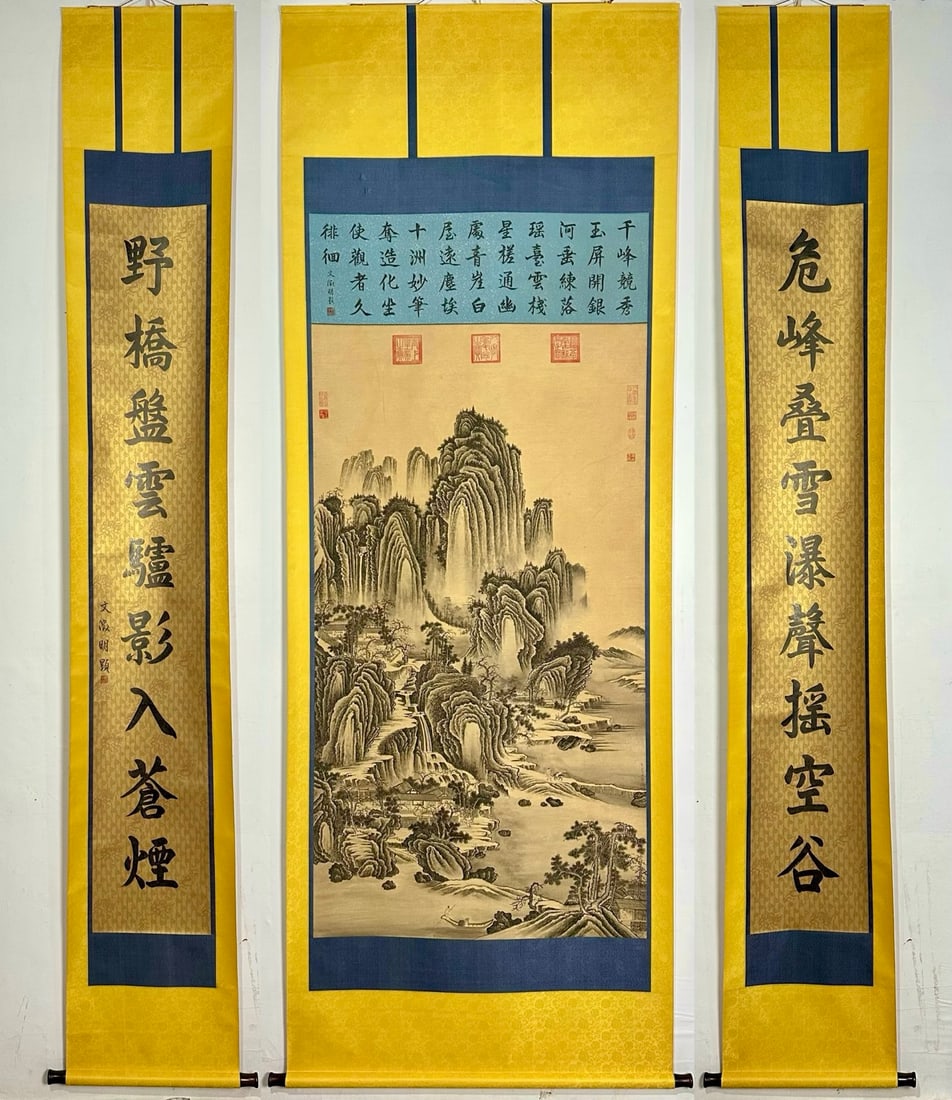 A Set of Chinese Vertical Scroll Ink Paintings of Landscape on Silk: A Set of Chinese Vertical Scroll Ink Paintings of Landscape on Silk,Ming Time of China,Qiu Ying,withoutframesize:67.3inx36.2in