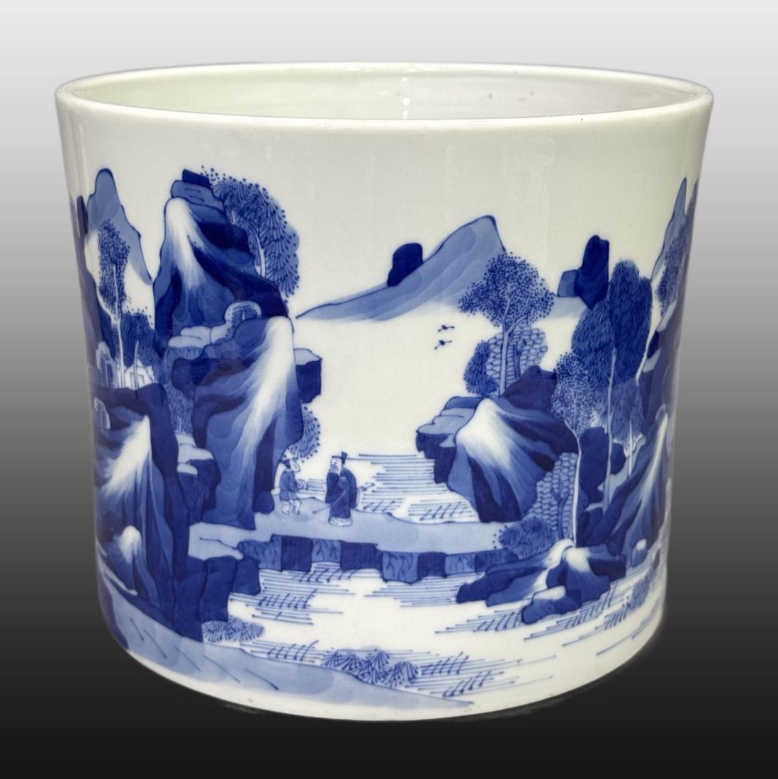 A Exquisite Blue and White Landscape Pattern Brush Pot: A Exquisite Blue and White Landscape Pattern Brush Pot,Qing Dynasty, China,Kangxi Six-character Mark,Size:7.1inx8.1in 青花山水纹笔筒,中国清&