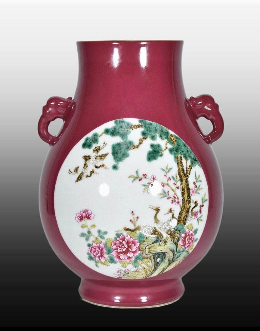 A Exquisite Ruby Red-Glazed Gilt Flower and Bird Pattern Double-Ears Vase: A Exquisite Ruby Red-Glazed Gilt Flower and Bird Pattern Double-Ears Vase,Qing Dynasty, China,Qianlong Six-character Mark,Size:14.6inx10.2in