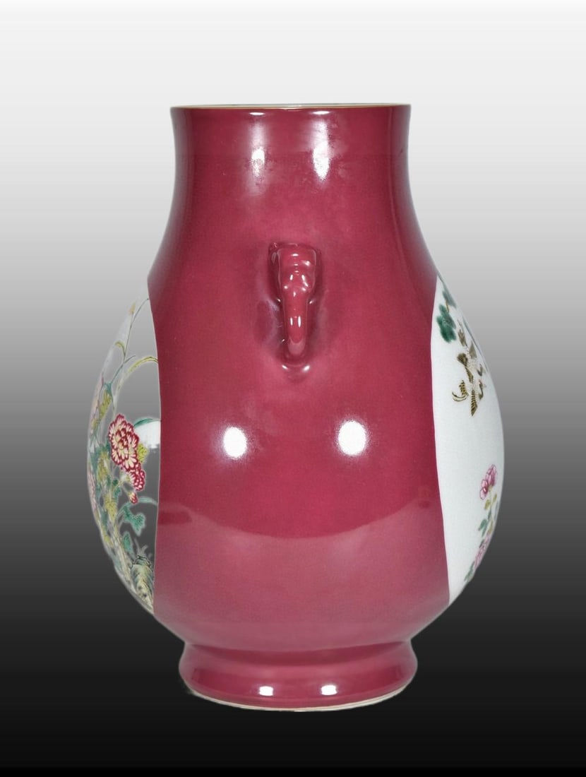 A Exquisite Ruby Red-Glazed Gilt Flower and Bird Pattern Double-Ears Vase - 2