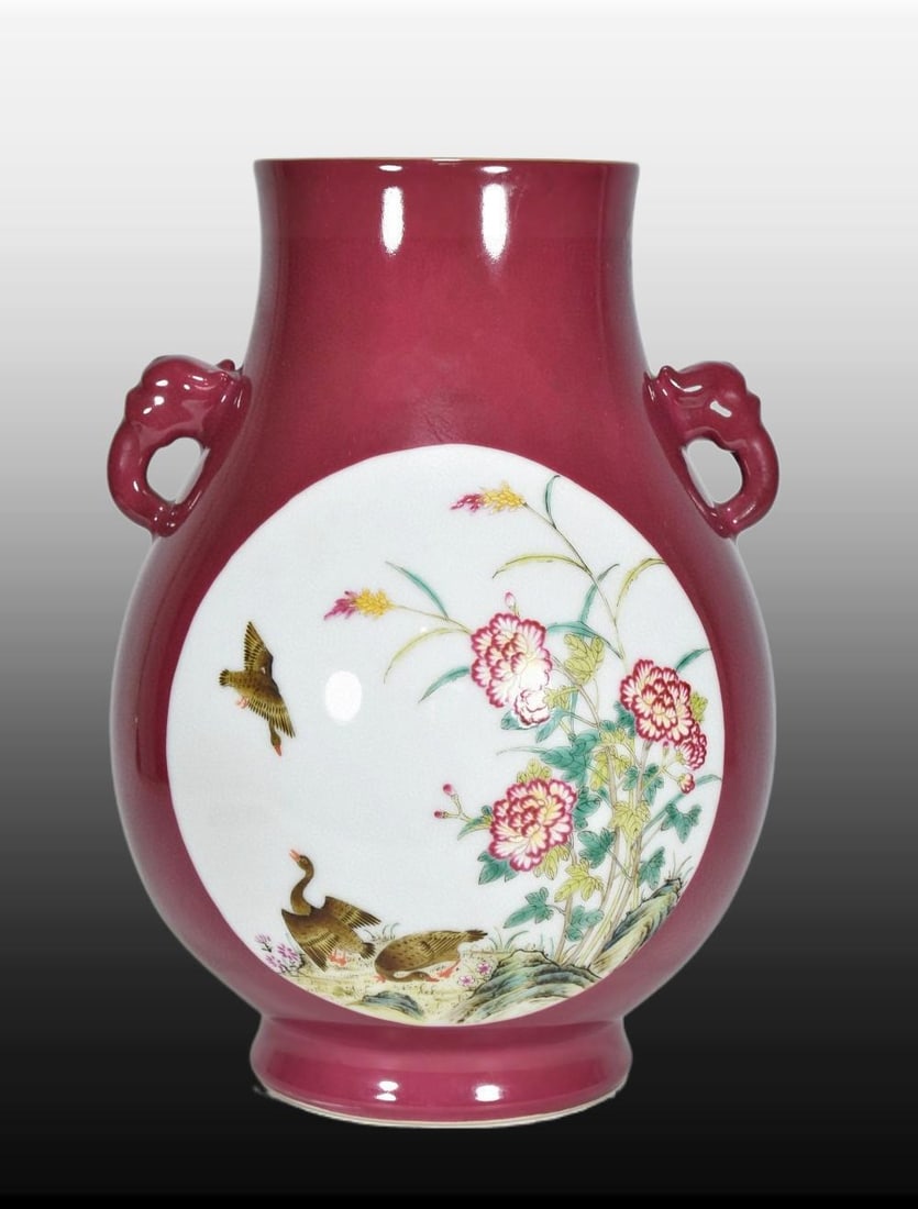 A Exquisite Ruby Red-Glazed Gilt Flower and Bird Pattern Double-Ears Vase - 3