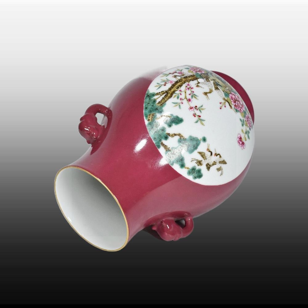 A Exquisite Ruby Red-Glazed Gilt Flower and Bird Pattern Double-Ears Vase - 4