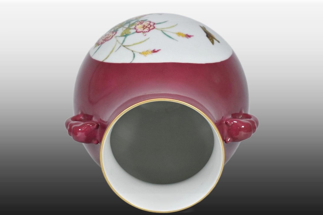 A Exquisite Ruby Red-Glazed Gilt Flower and Bird Pattern Double-Ears Vase - 5