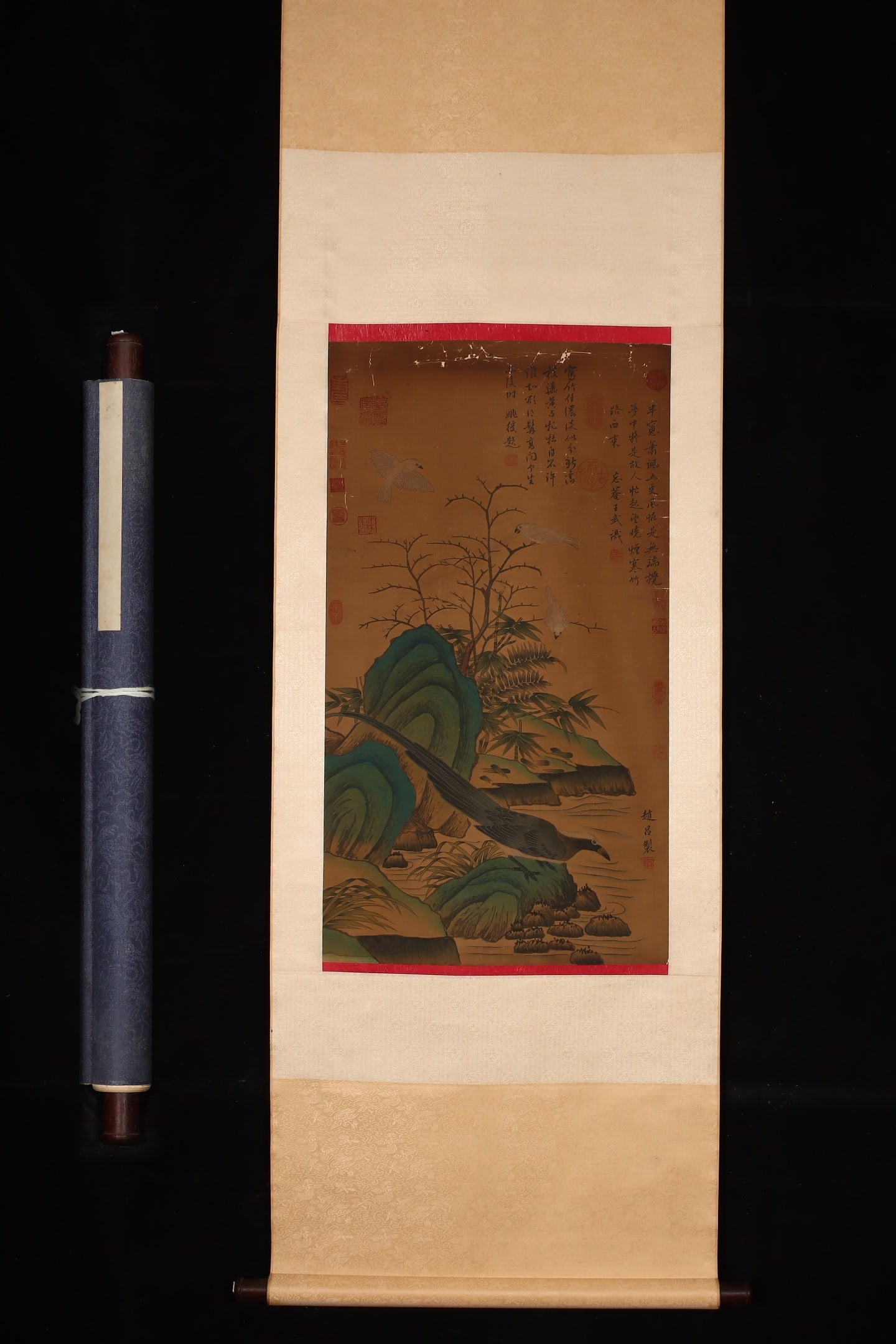 A Chinese Vertical Scroll Ink Painting of Flower and Bird on Silk: A Chinese Vertical Scroll Ink Painting of Flower and Bird on Silk,Song Dynasty, China,Zhao Chang,without frame size:32.9inx18.1in