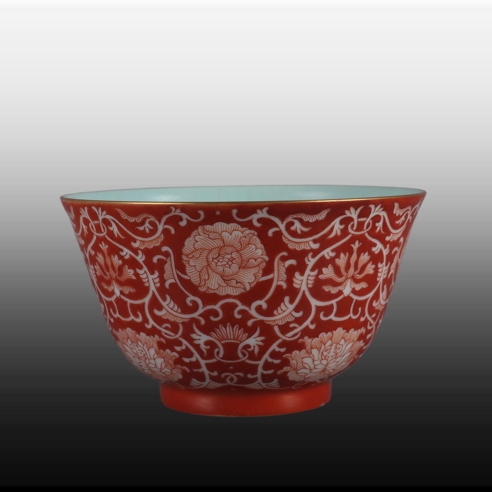 A Exquisite Coral Red Glazed Ground Lotus Pattern Bowl: A Exquisite Coral Red Glazed Ground Lotus Pattern Bowl,Qing Dynasty, China,Daoguang Six-character Mark,Size:3inx5in