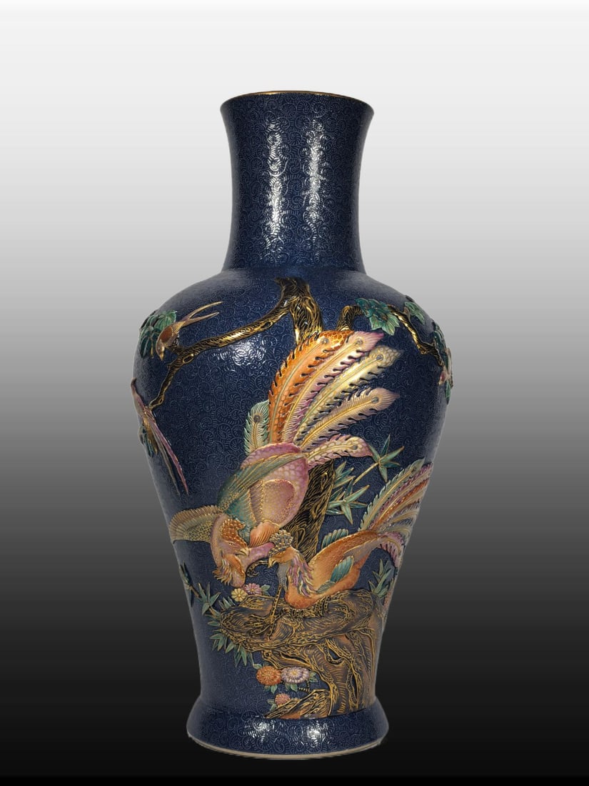 A Exquisite Enamel Ji Blue Glazed Flower and Bird Pattern Vase: A Exquisite Enamel Ji Blue Glazed Flower and Bird Pattern Vase,Qing Dynasty, China,Qianlong Six-character Mark,Size:18.1inx4.5inx9.8inx6.1in