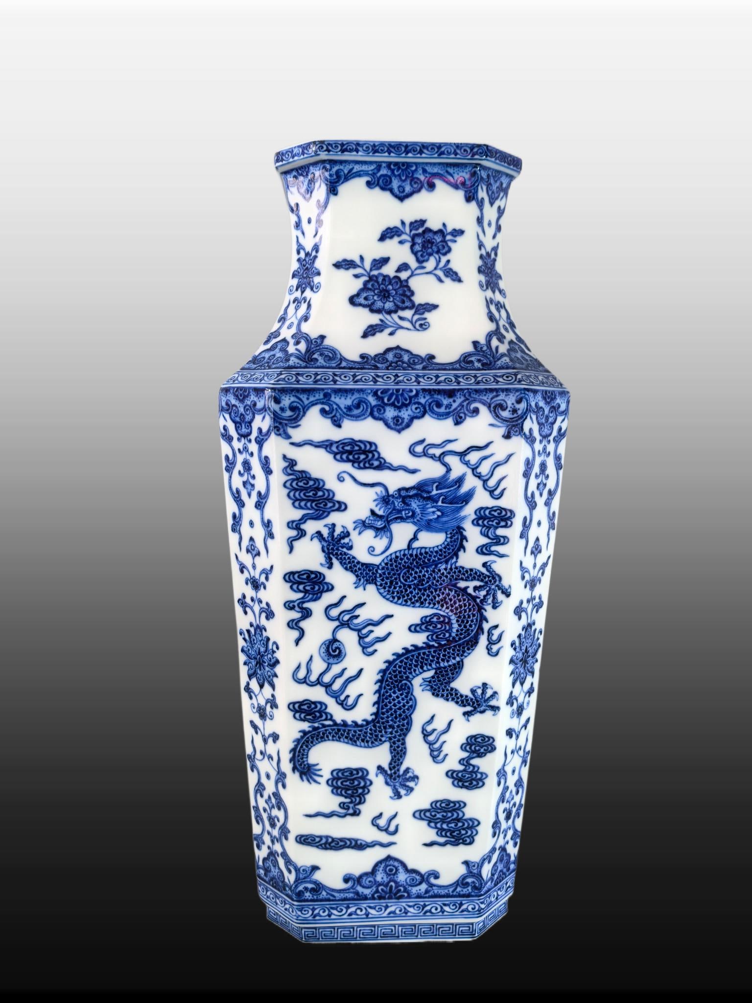 A Exquisite Blue and White Dragon and Phoenix Pattern Vase: A Exquisite Blue and White Dragon and Phoenix Pattern Vase,Qing Dynasty, China,Qianlong Six-character Mark,Size:18.1inx5.6inx7.9inx5.9in