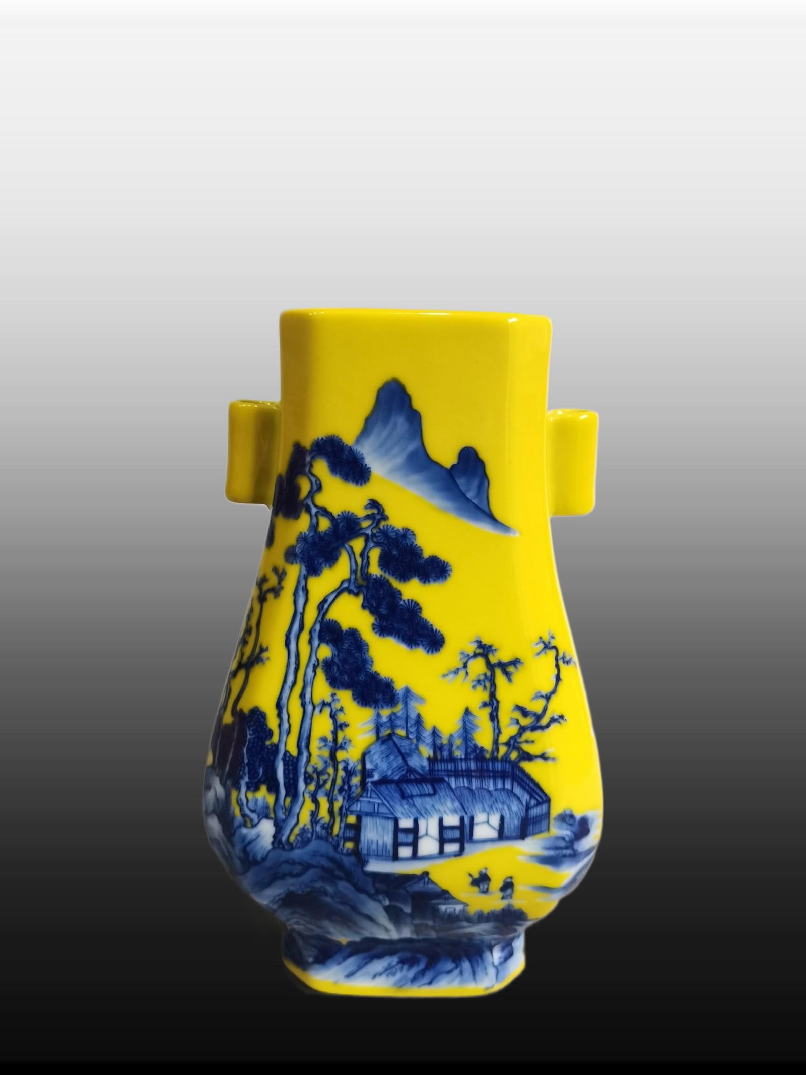 A Exquisite Lemon Yellow Glazed Blue and White Landscape Pattern Double-Ears Vase (1 of 9)