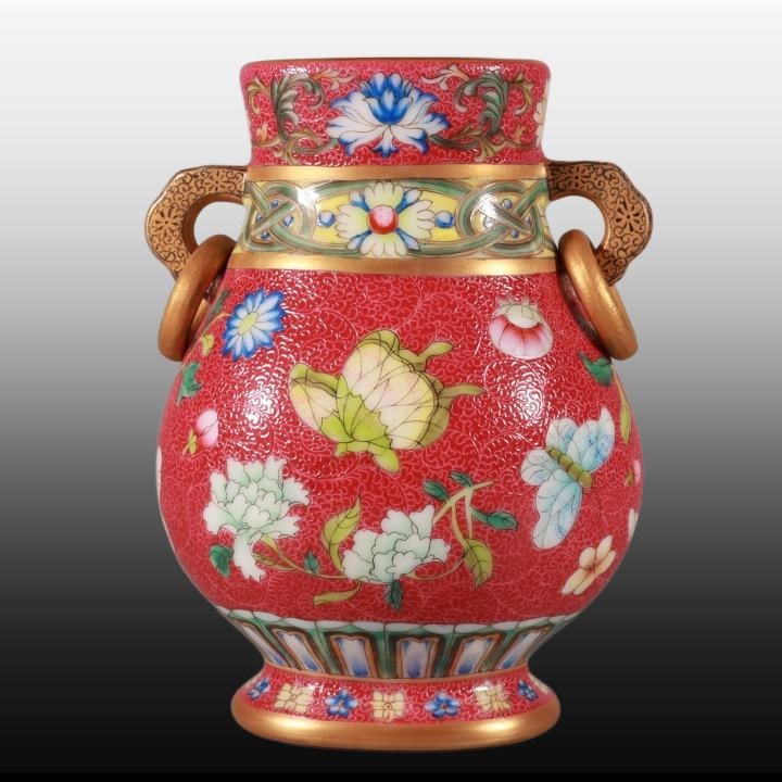 A Exquisite Famille-Rose Ruby Red-Glazed Butterfly Pattern Double-Ears Vase: A Exquisite Famille-Rose Ruby Red-Glazed Butterfly Pattern Double-Ears Vase,Qing Dynasty, China,Qianlong Six-character Mark,Size:5.4inx3.9in 粉彩胭脂红蝴蝶