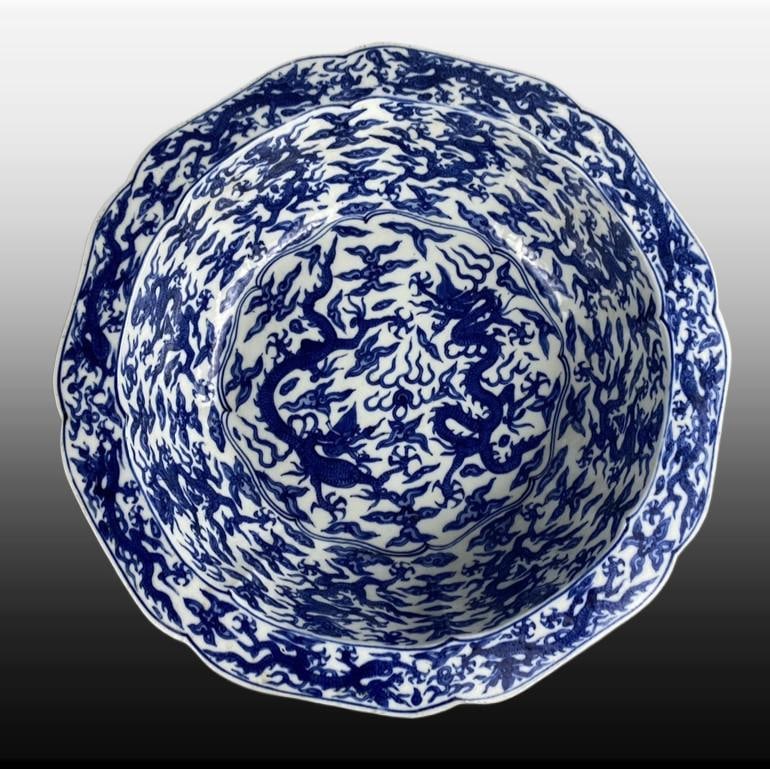Blue and White Dragon Pattern Basin: Blue and White Dragon Pattern Basin,Ming Dynasty, China,Jiajing Six-character Mark,Size:3.8inx14.3in