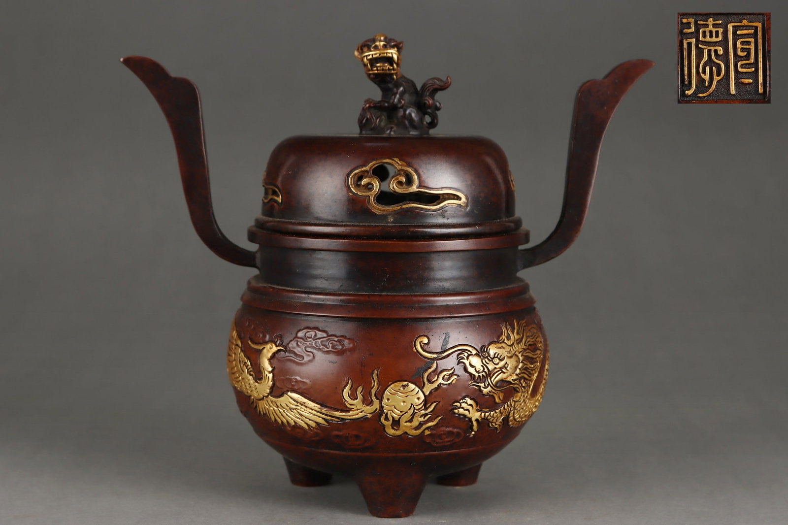 A Exquisite Gilt Bronze Dragon and Phoenix Pattern Double Ears Censer (1 of 9)