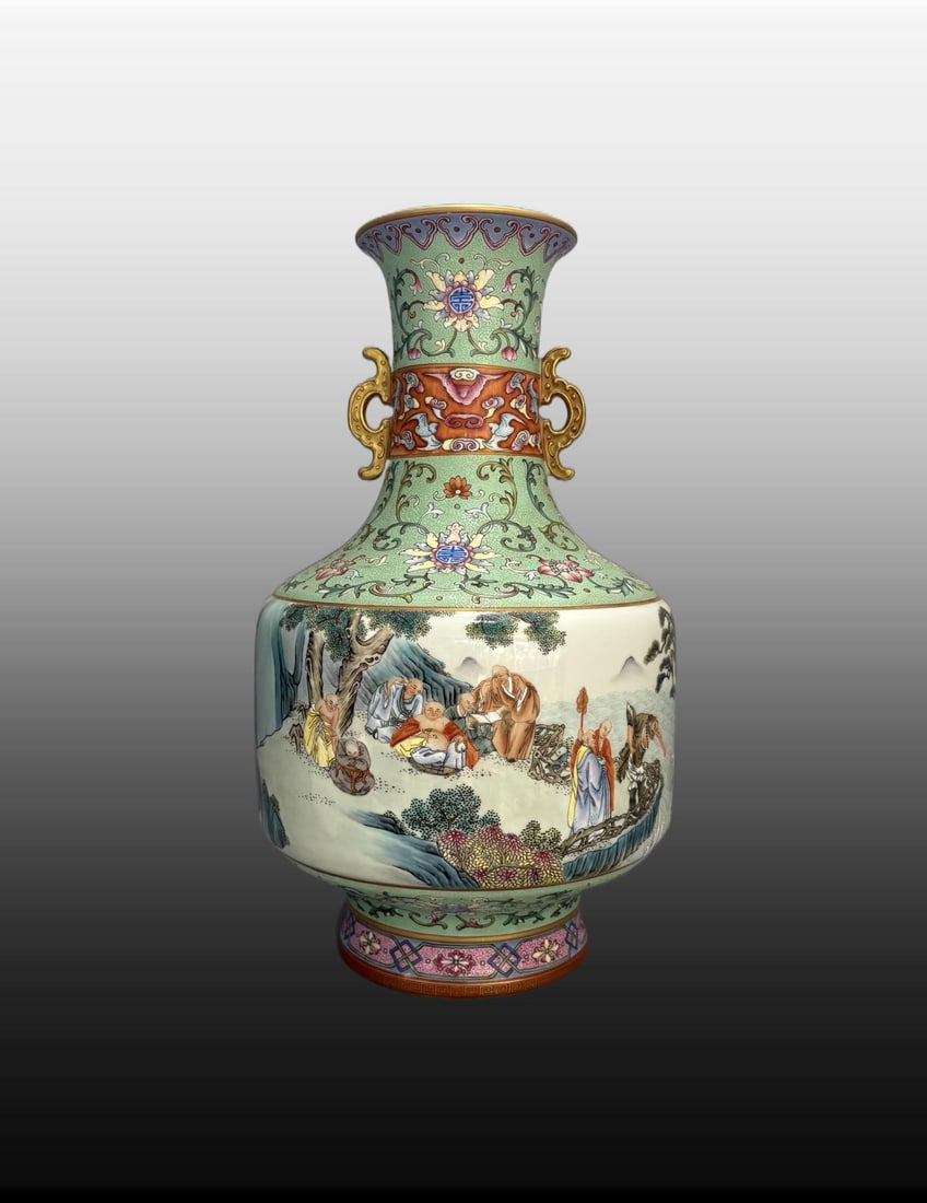 A Exquisite Green Ground Famille-Rose Painted Gold Arhat Pattern Double-Ears Vase: A Exquisite Green Ground Famille-Rose Painted Gold Arhat Pattern Double-Ears Vase,Qing Dynasty, China,Qianlong Six-character Mark,Size:14.4inx9.3in 绿地粉彩描金 