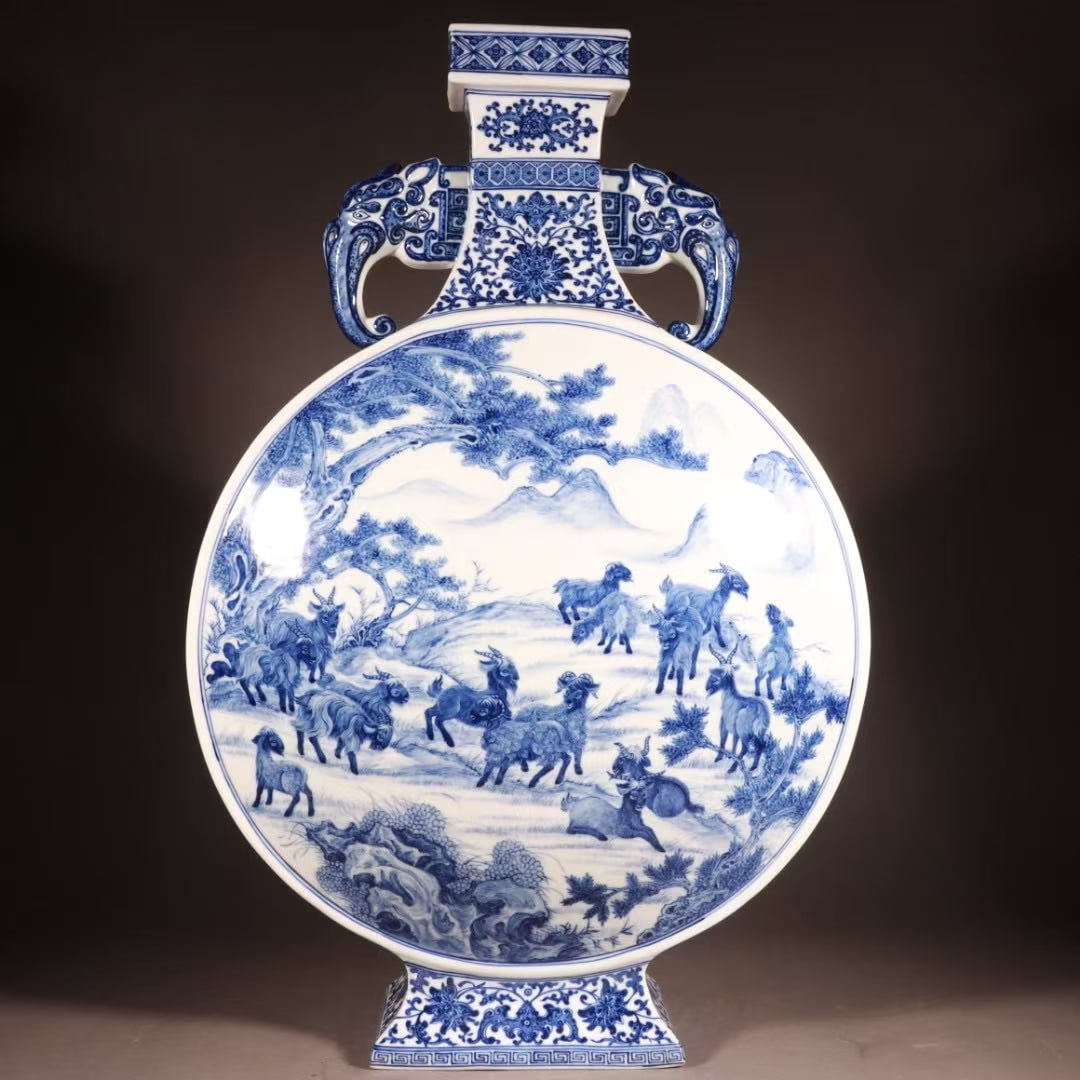 A Exquisite Blue and White Sheep Pattern Elephant-Ears Vase: A Exquisite Blue and White Sheep Pattern Elephant-Ears Vase,Qing Dynasty, China,Yongzheng Six-character Mark,Size:25.2inx16.9in