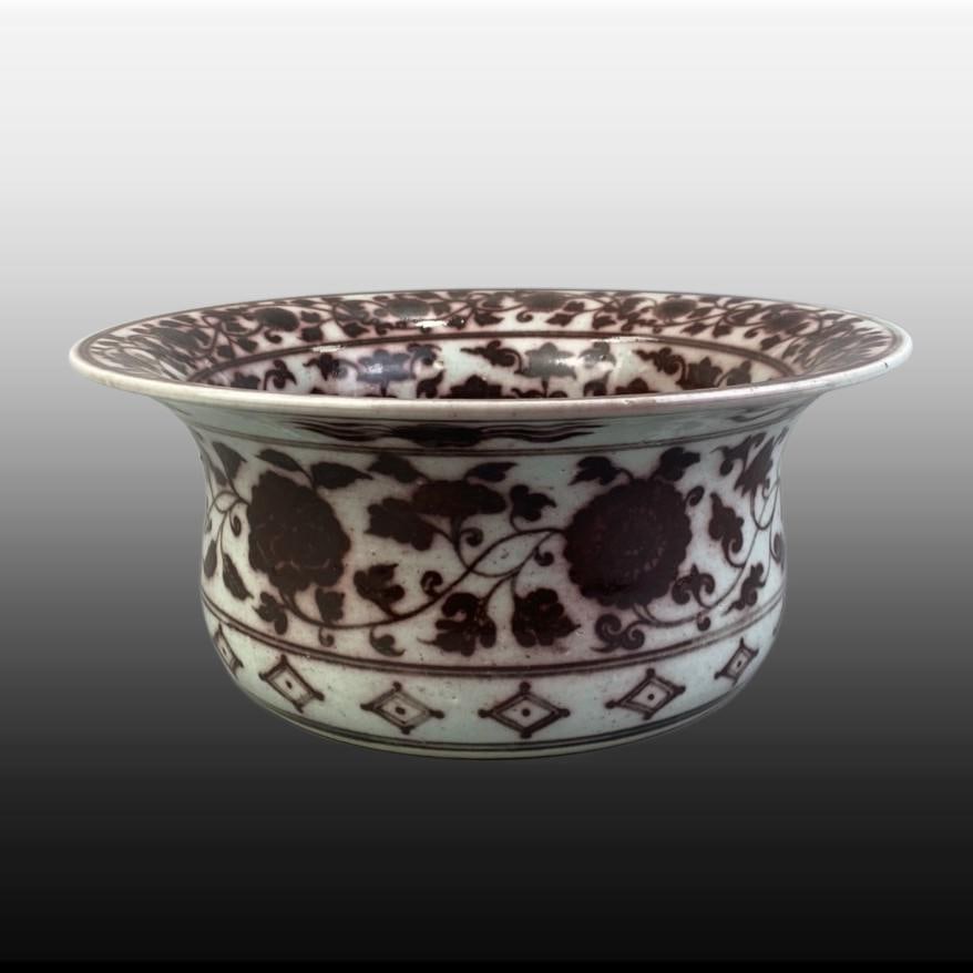 Underglaze-Red Lotus Pattern Brush Washer: Underglaze-Red Lotus Pattern Brush Washer,Ming Dynasty, China,Size:5.4inx13in 釉里红缠枝莲纹洗,中国明代