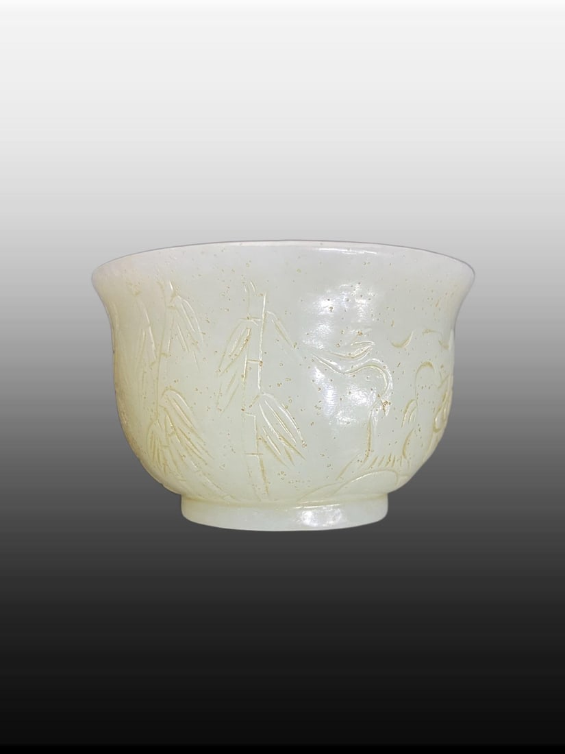 A Exquisite Hotan Jade Figures Pattern Cup: A Exquisite Hotan Jade Figures Pattern Cup,Ming Dynasty, China,Size:1.4inx2.2in,Weight:87g 和田玉人物纹杯,中国明代