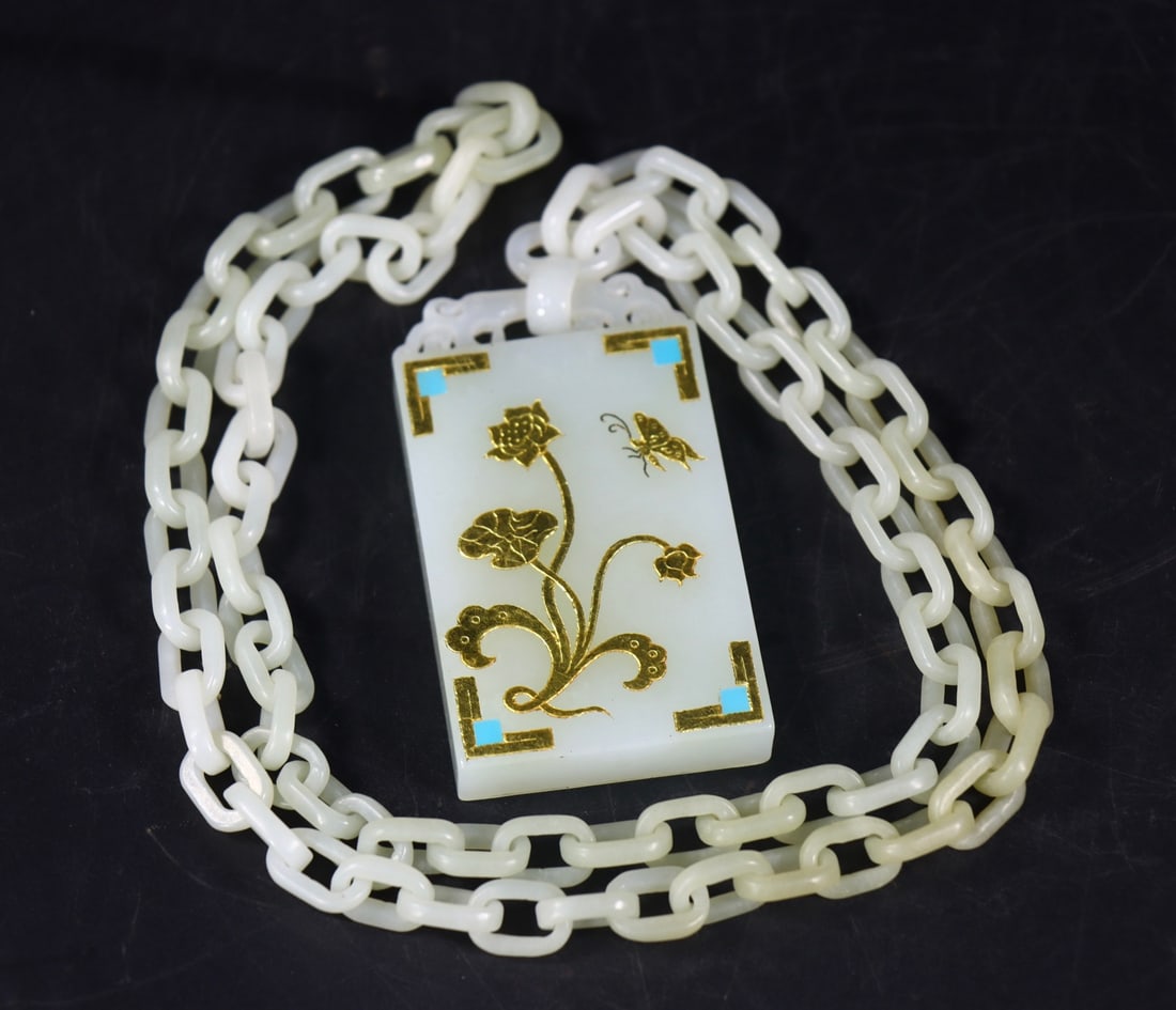 A Exquisite Hotan White Jade Gold and Silver Inlaid Flower Pattern Brand: A Exquisite Hotan White Jade Gold and Silver Inlaid Flower Pattern Brand,Qing Dynasty, China,Size:0.4inx2.8inx1.6in,13.8in,Weight:108g