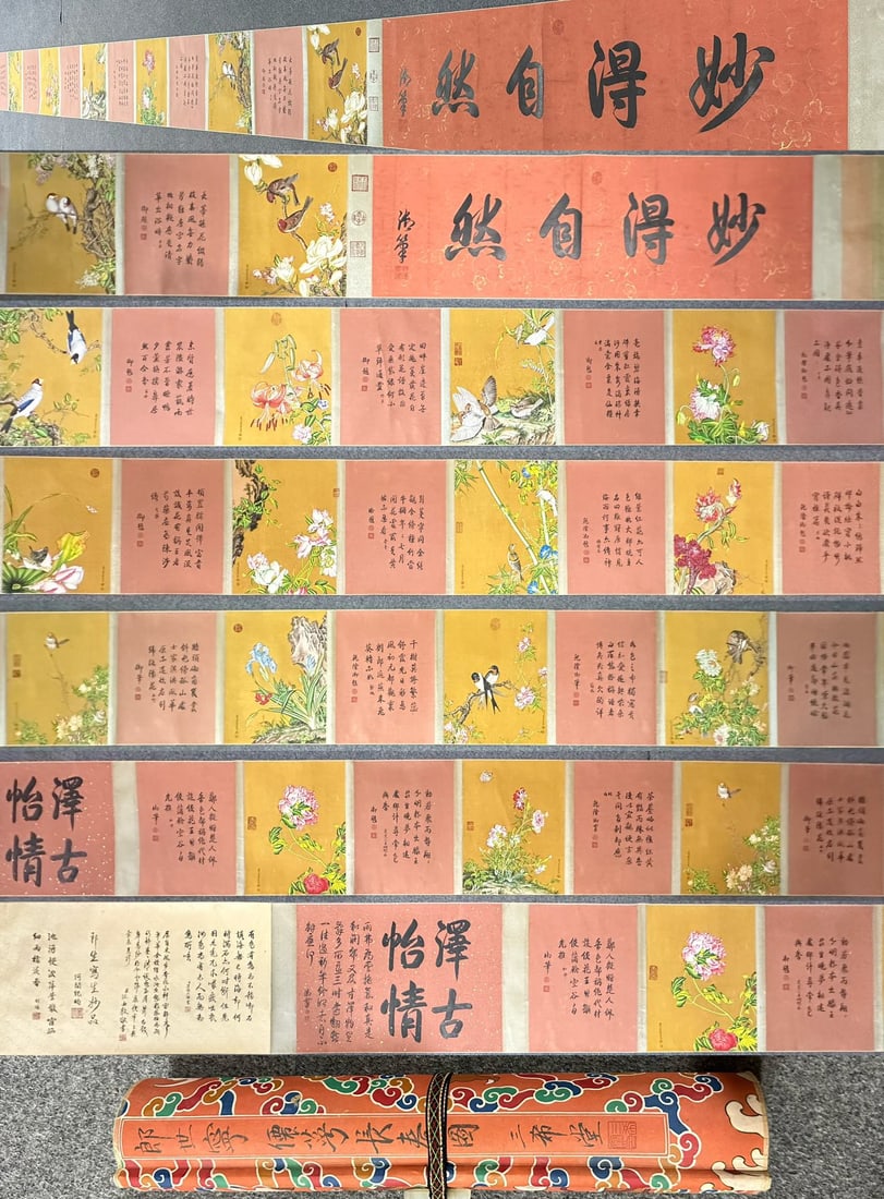 A Chinese Hand Scroll Ink Painting of Flowers and Birds on Silk: A Chinese Hand Scroll Ink Painting of Flowers and Birds on Silk,Qing Time of China,Lang shi ning,withoutframesize:590.6inx17.7in