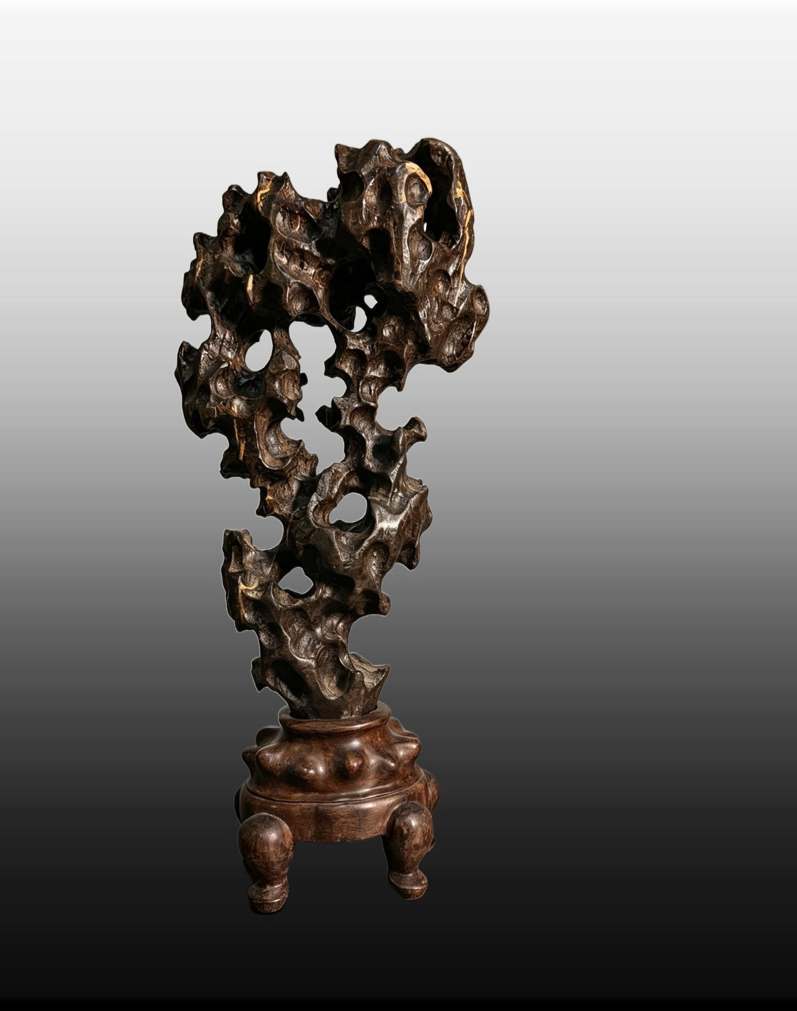 A Exquisite Black Taihu Stone Mountain Ornament: A Exquisite Black Taihu Stone Mountain Ornament,Qing Dynasty, China,Size:7.1inx3.9inx16.5in,Weight:3355g 黑太湖石山石摆件,中国清ߣ