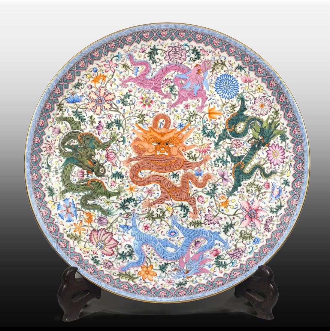 A Exquisite Enamel White Glaze Lotus Dragon Pattern Plate: A Exquisite Enamel White Glaze Lotus Dragon Pattern Plate,Qing Dynasty, China,Qianlong Four-character Mark,Size:3.5inx23.6inx15.2in