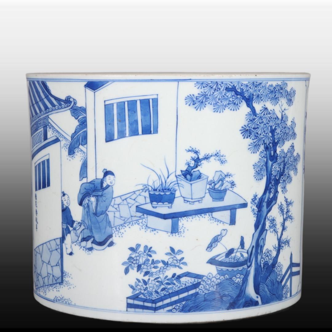 A Exquisite Blue and White Character and Story Pattern Brush Pot: A Exquisite Blue and White Character and Story Pattern Brush Pot,Qing Dynasty, China,Kangxi Six-character Mark,Size:6.3inx7.9inx7.9in