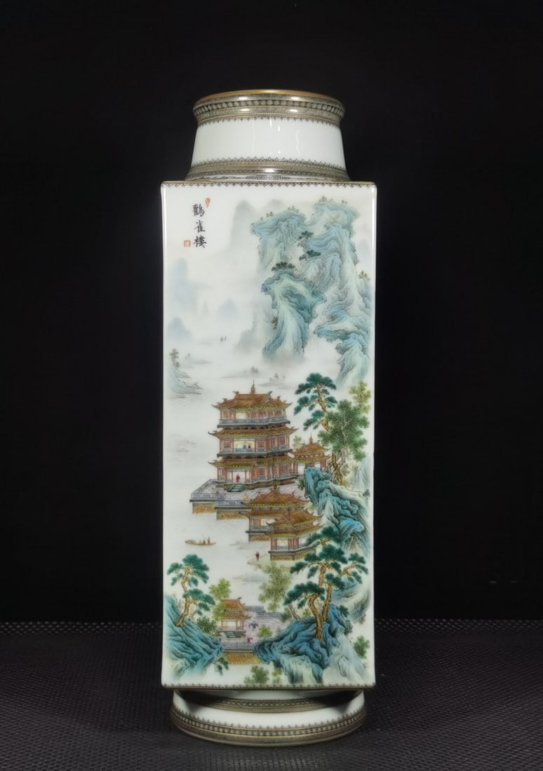 A Exquisite Famille-Rose Landscape Pattern Vase: A Exquisite Famille-Rose Landscape Pattern Vase,Qing Dynasty, China,Qianlong Four-character Mark,Size:19.7inx6.1inx4.7inx6.3in