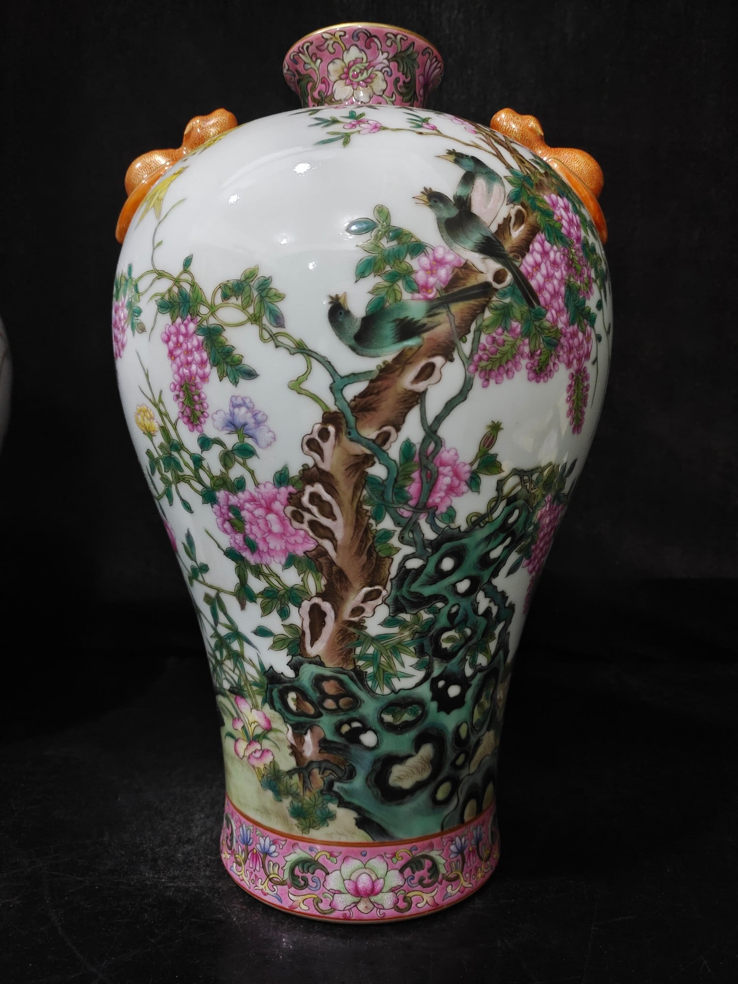 A Exquisite Famille-Rose Flower and Bird Pattern Double-Ears Vase: A Exquisite Famille-Rose Flower and Bird Pattern Double-Ears Vase,Qing Dynasty, China,Qianlong Six-character Mark,Size:13inx7.9inx2.4in 粉彩花鸟纹双耳瓶