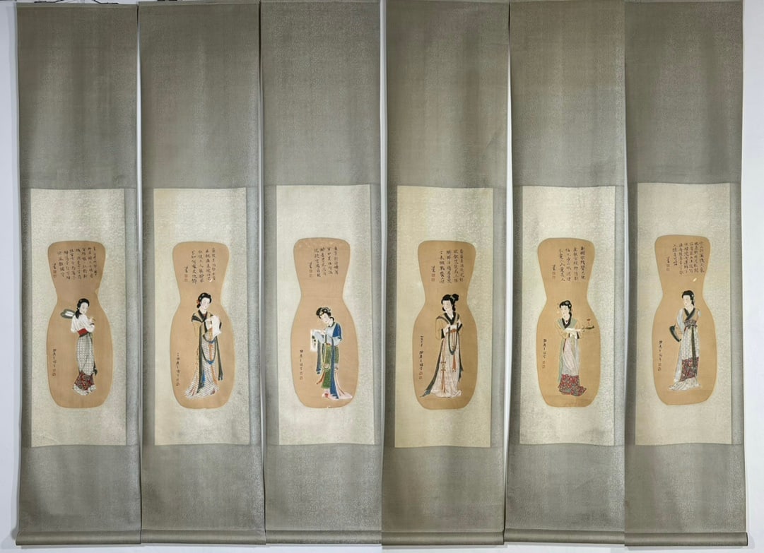 A Set of Chinese Vertical Scroll Ink Paintings of Figures on Paper: A Set of Chinese Vertical Scroll Ink Paintings of Figures on Paper,Modern Time of China,Zhang Daqian,withoutframesize:94.5inx71.7in
