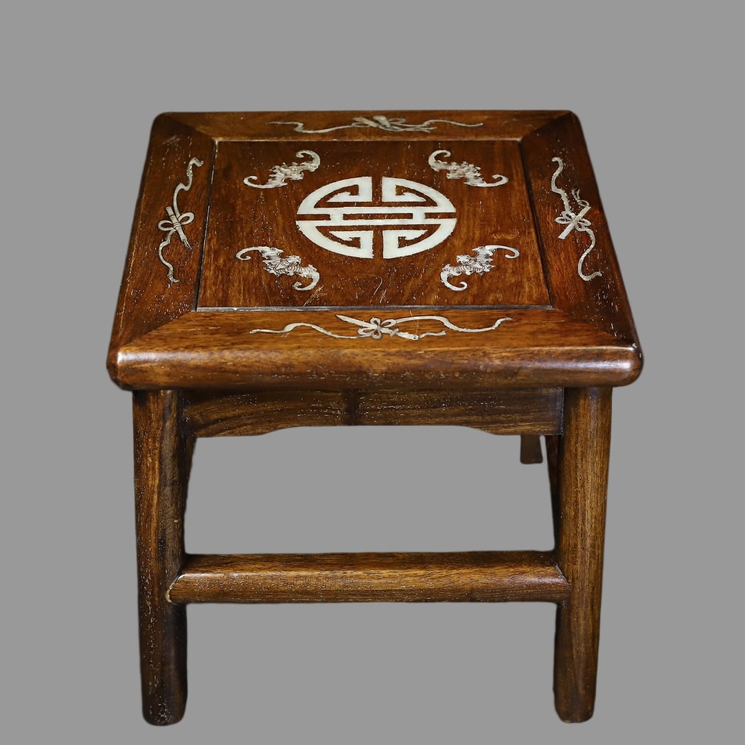 A Exquisite Huanghuali Wood Inlaid Shell Four-legs Stool: A Exquisite Huanghuali Wood Inlaid Shell Four-legs Stool,Qing Dynasty, China,Size:11.8inx11.8inx11.8in