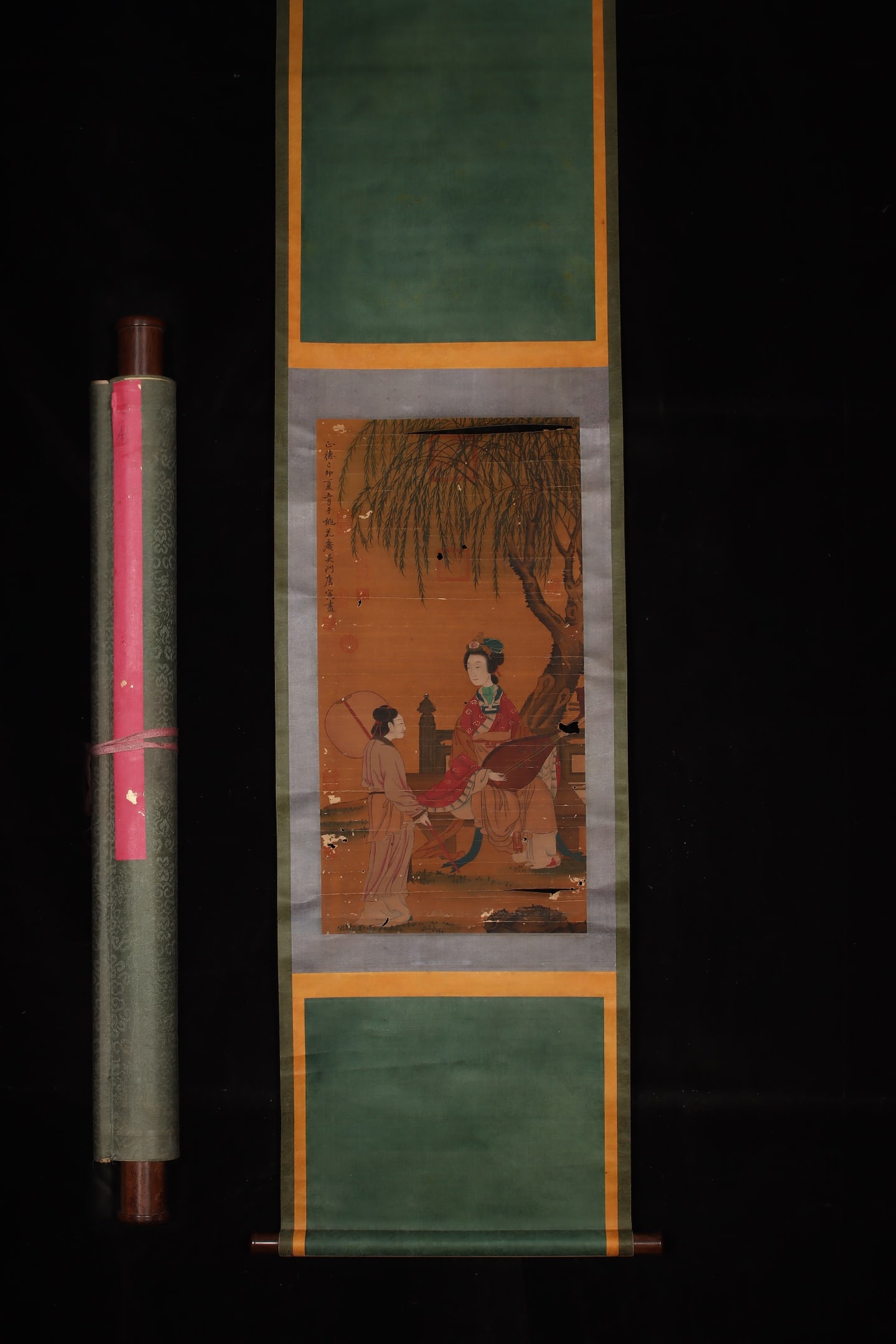A Chinese Vertical Scroll Ink Painting of Figures on Silk (1 of 9)