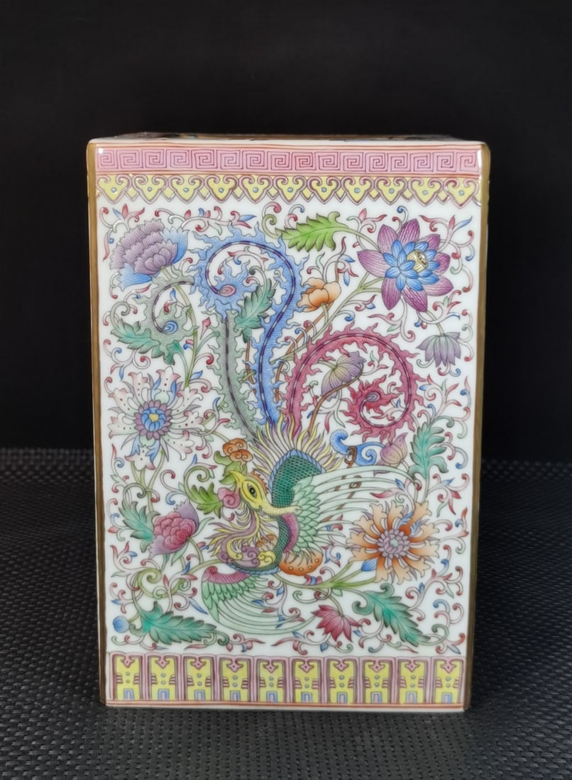 A Exquisite Enamel Dragon and Phoenix Pattern Brush Pot: A Exquisite Enamel Dragon and Phoenix Pattern Brush Pot,Qing Dynasty, China,Qianlong Four-character Mark,Size:9.8inx6.5in