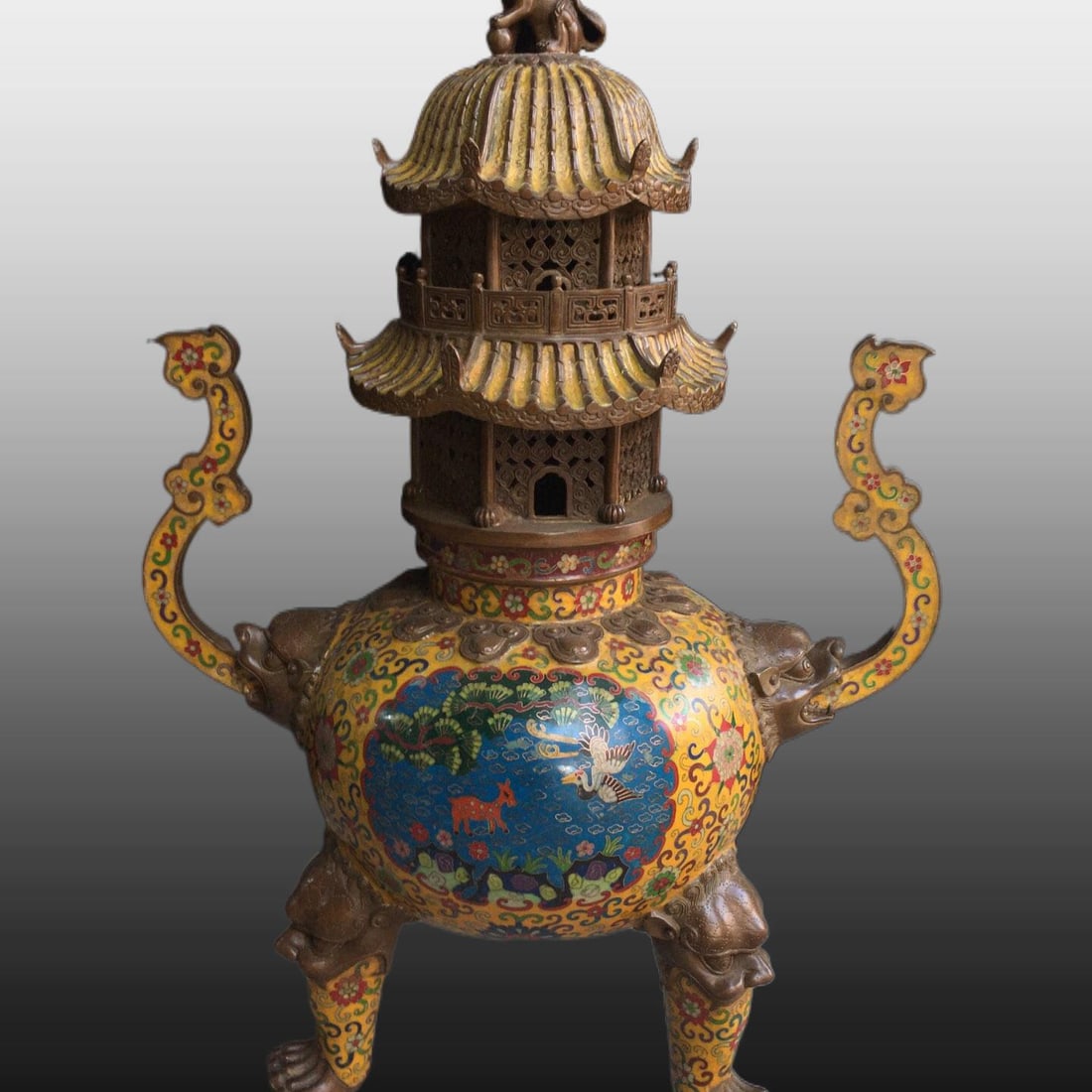 A Exquisite Coppery Cloisonne Flower and Bird Pattern Censer: A Exquisite Coppery Cloisonne Flower and Bird Pattern Censer,Qing Dynasty, China,Qianlong Four-character Mark,Size:29.9inx19.7in ,Weight:17500g