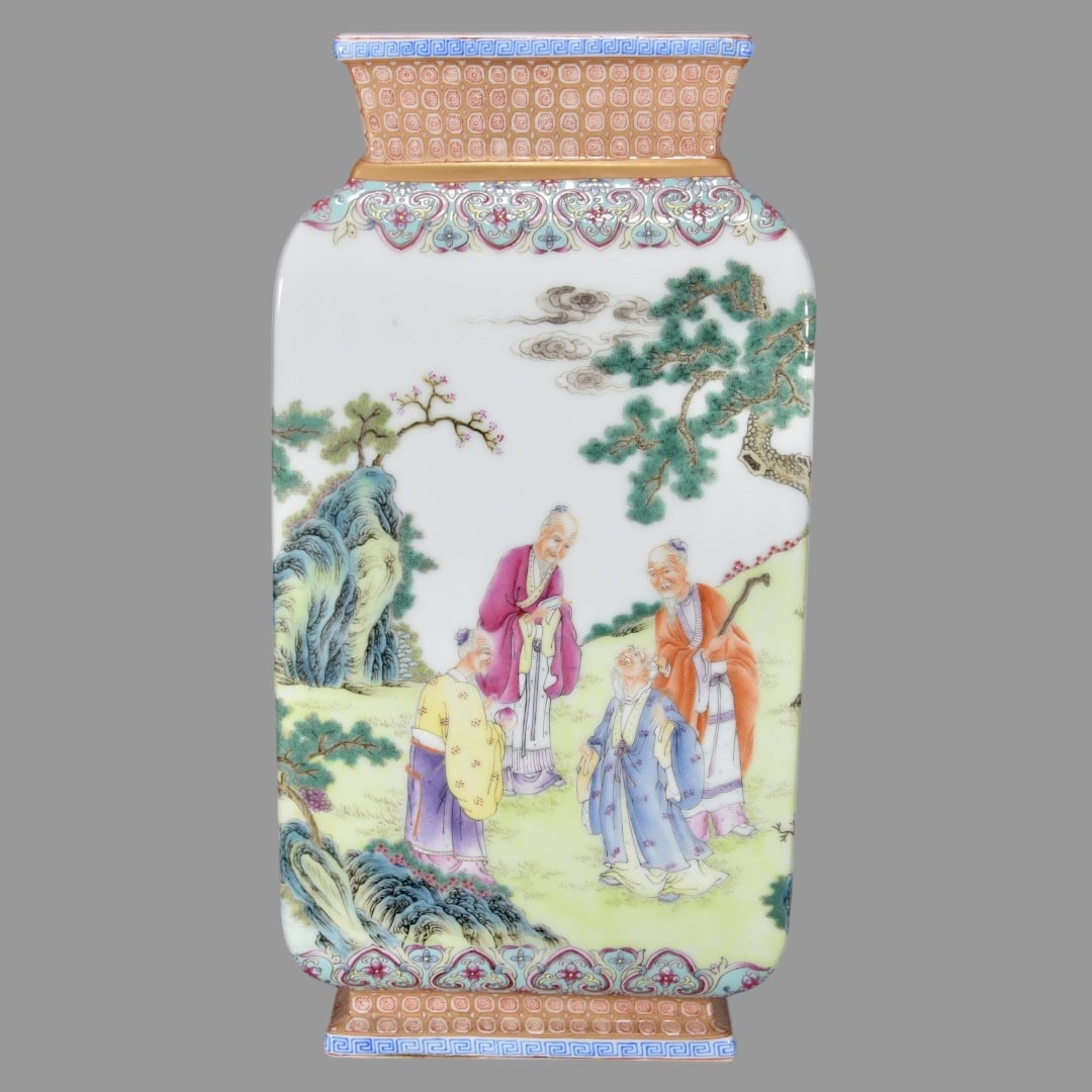 A Exquisite Famille-Rose Painted Gold Character and Story Pattern Vase: A Exquisite Famille-Rose Painted Gold Character and Story Pattern Vase,Qing Dynasty, China,Qianlong Six-character Mark,Size:11.8inx10inx3.3in