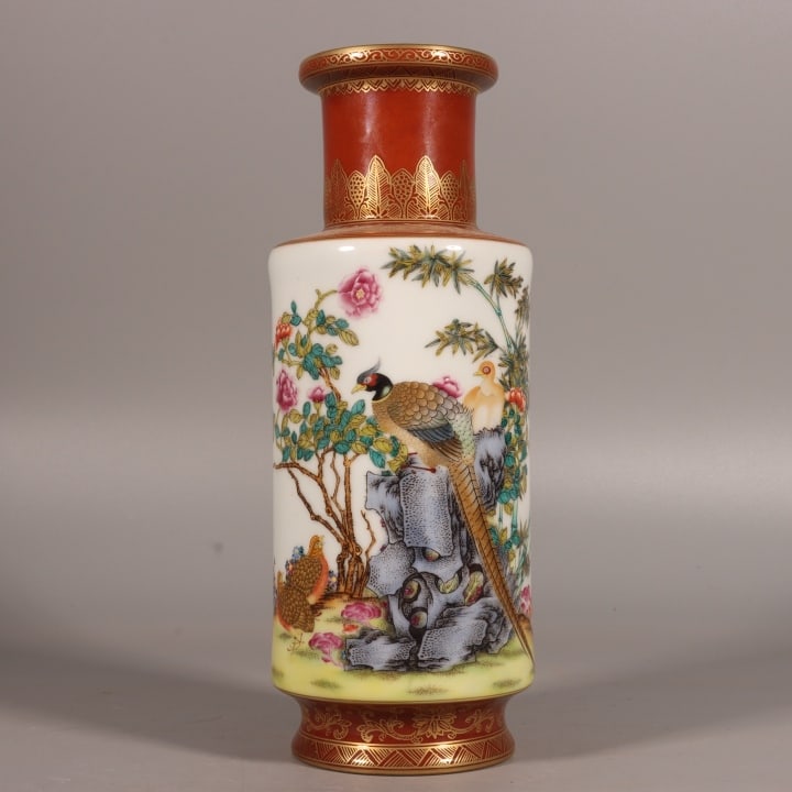 A Exquisite Enamel Painted Gold Flower and Bird Pattern Vase: A Exquisite Enamel Painted Gold Flower and Bird Pattern Vase,Qing Dynasty, China,Yongzheng Four-character Mark,Size:9.6inx3.7in