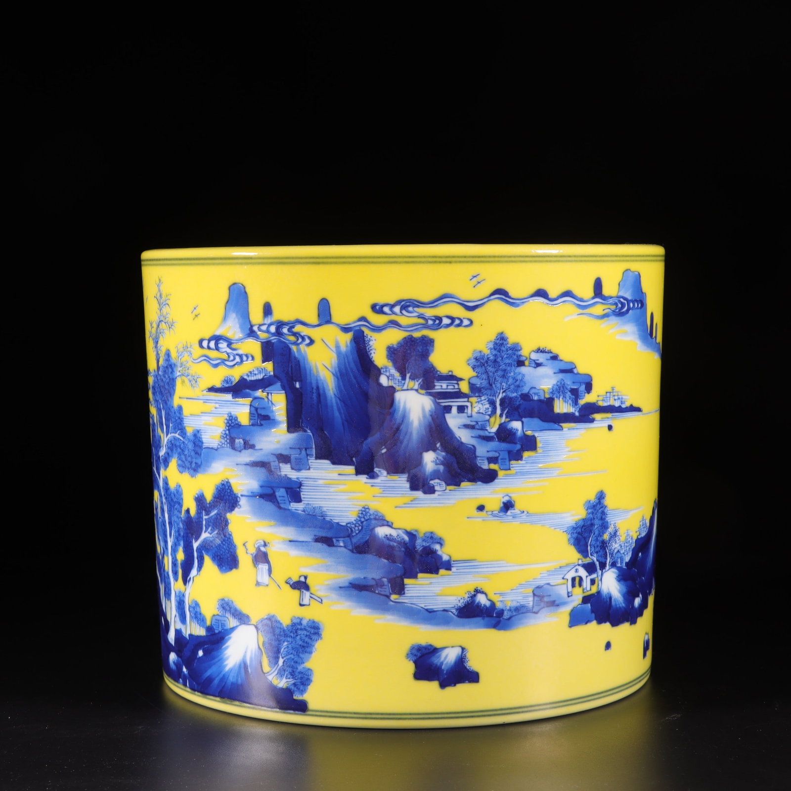 A Exquisite Lemon Yellow Glazed Blue and White Landscape Pattern Brush Pot: A Exquisite Lemon Yellow Glazed Blue and White Landscape Pattern Brush Pot,Qing Dynasty, China,Kangxi Six-character Mark,Size:6.1inx7.3in