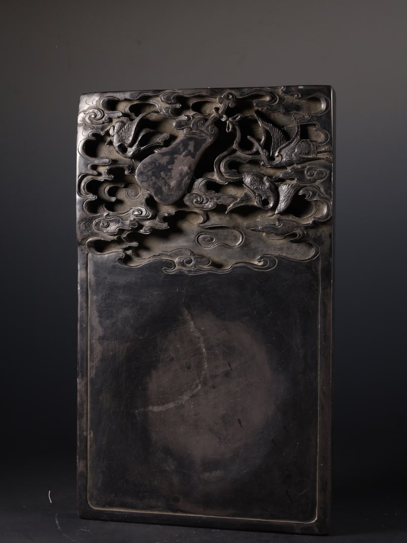 A Exquisite Crane Pattern Duan Inkstone: A Exquisite Crane Pattern Duan Inkstone,Qing Dynasty, China,With Mark,Size:11.6inx6.9inx1.1in,Weight:2688g 鹤纹端砚,中国清代,带款