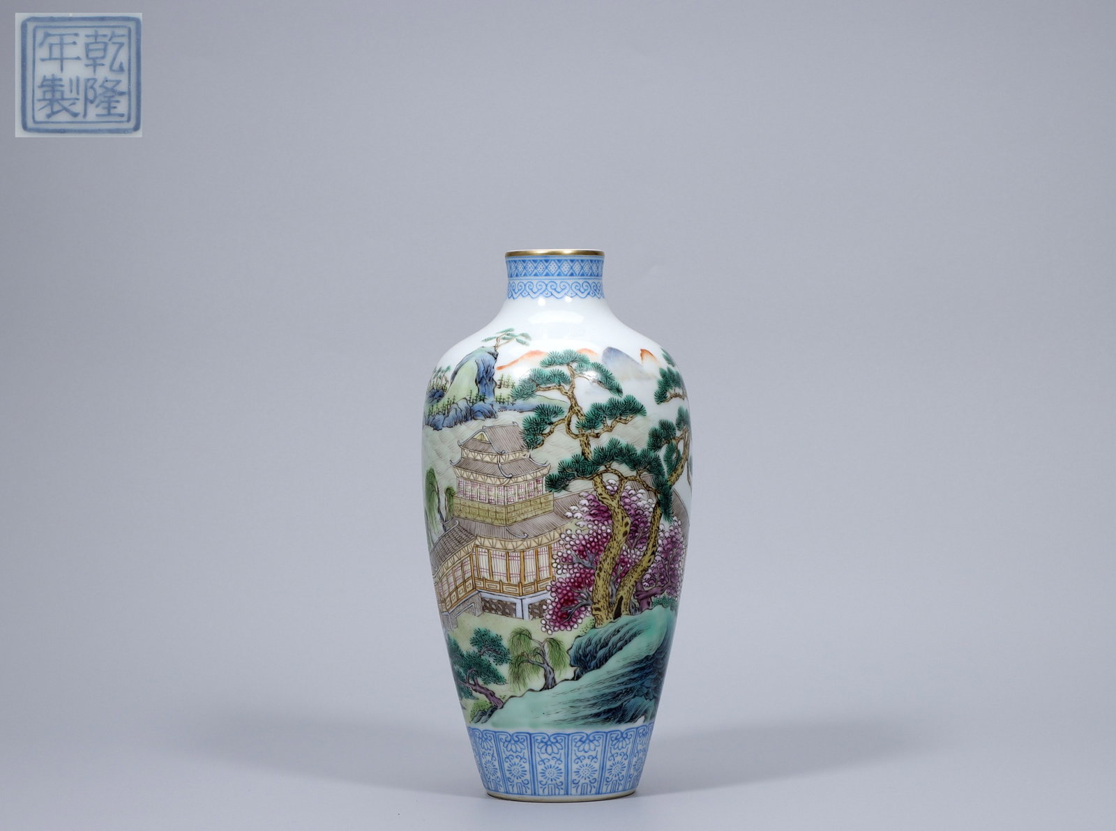 A Exquisite Famille-Rose Landscape and Figures Pattern Vase: A Exquisite Famille-Rose Landscape and Figures Pattern Vase,Qing Dynasty, China,Qianlong Four-character Mark,Size:8.3inx3.9inx1.4inx2.2in,Weight:487g