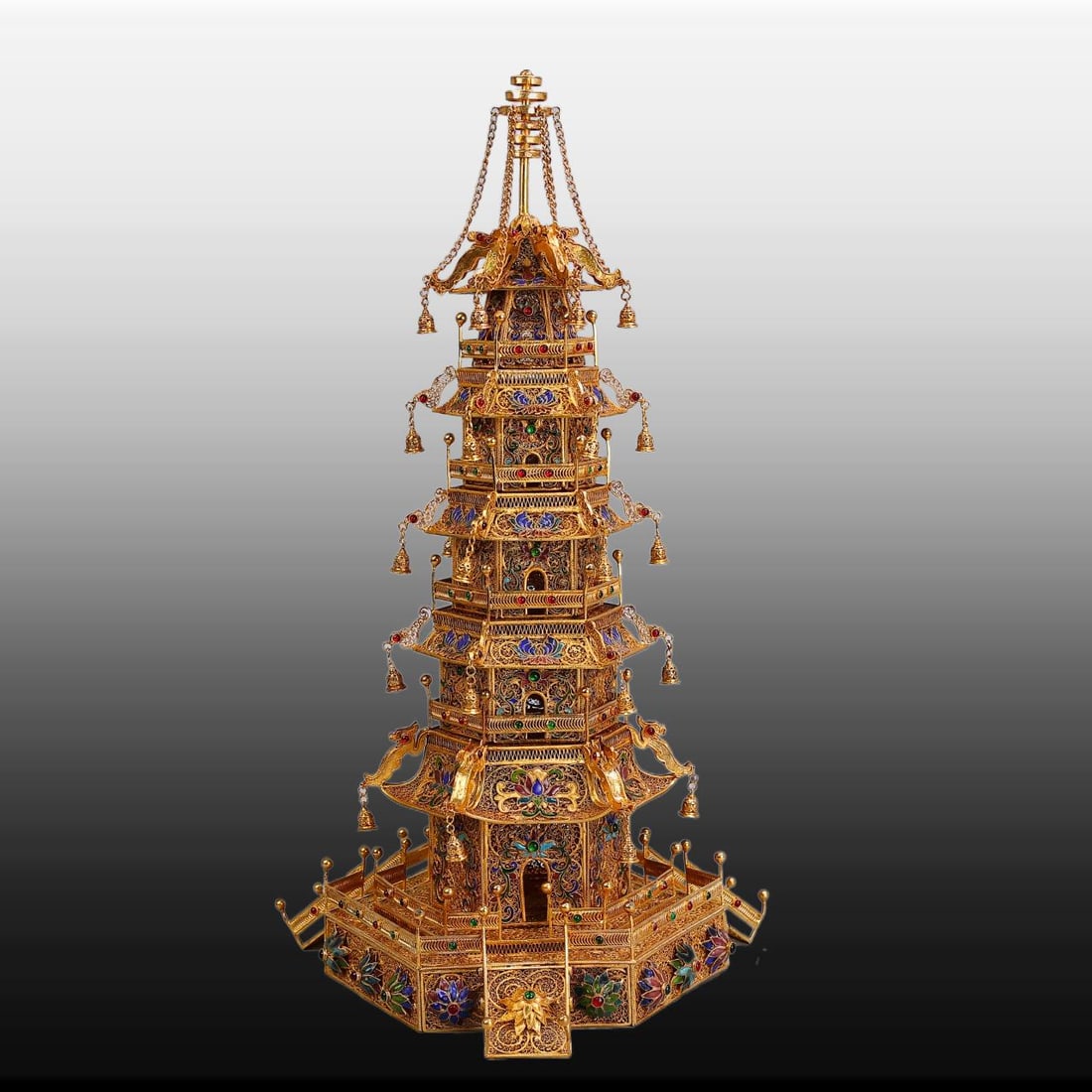 A Exquisite Cloisonne Inlaid Gems Pagoda: A Exquisite Cloisonne Inlaid Gems Pagoda,Qing Dynasty, China,Qianlong Four-character Mark,Size:19.7inx9.8in(BuddhaPagoda),Weight:2420g