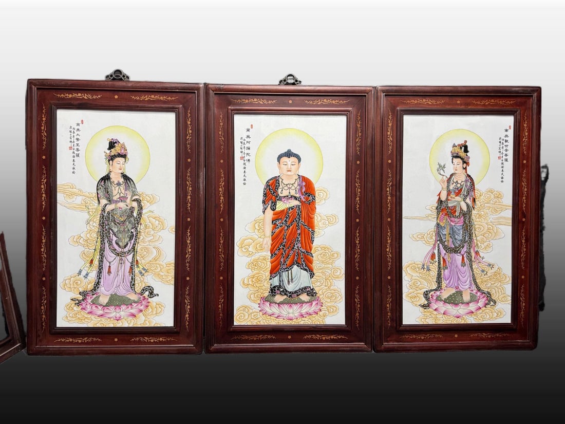 A Set of ExquisiteFamille-Rose Buddha Statue Pattern Porcelain Plates: A Set of ExquisiteFamille-Rose Buddha Statue Pattern Porcelain Plates,Republic of China,Size:39.4inx25.2in 一套粉彩佛像纹瓷板画,民
