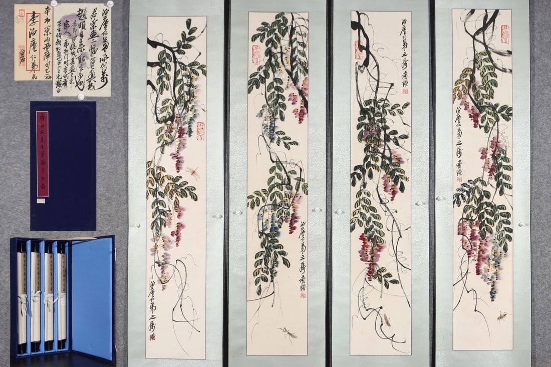 A Set of Chinese Vertical Scroll Ink Painting of Flower on Paper: A Set of Chinese Vertical Scroll Ink Painting of Flower on Paper,Modern Time of China,Qi Baishi,without frame size:53.9inx9.4in