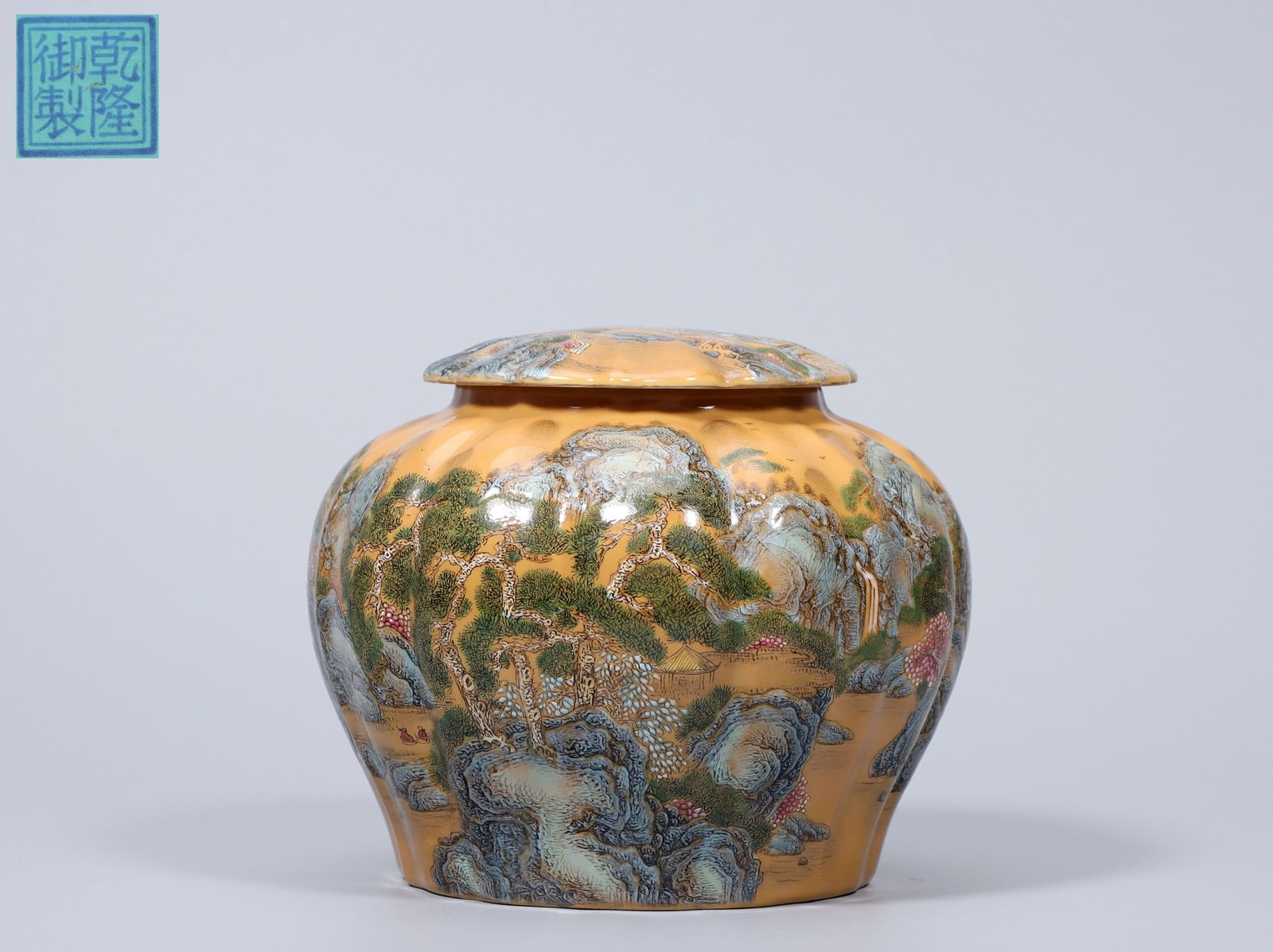 A Exquisite Yellow Ground Enamel Landscape Pattern Jar: A Exquisite Yellow Ground Enamel Landscape Pattern Jar,Qing Dynasty, China,Qianlong Four-character Mark,Size:4.9inx5.3inx3inx3.9in,Weight:546g