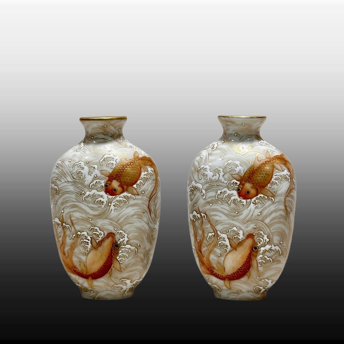 A pair of Exquisite Iron-Red Painted Gold Fish Pattern Snuff Bottle: A pair of Exquisite Iron-Red Painted Gold Fish Pattern Snuff Bottle,Qing Dynasty, China,Qianlong Four-character Mark,Size:3inx0.8inx1.7inx0.9in