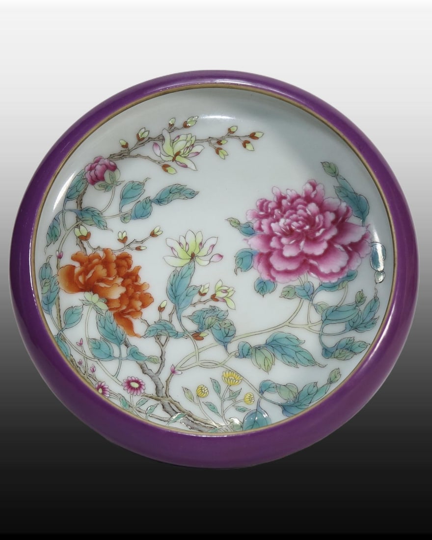 A Exquisite Aubergine Glazed Famille Rose Flower Pattern Brush Washer: A Exquisite Aubergine Glazed Famille Rose Flower Pattern Brush Washer,Qing Dynasty, China,Qianlong Six-character Mark,Size:1.8inx6.1in