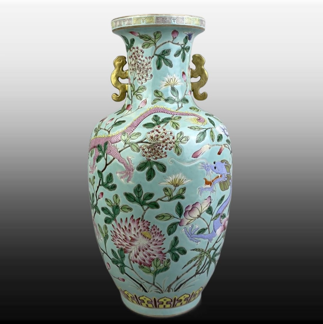Green Ground Famille-Rose Painted Gold Dragon Pattern Double-Ears Vase: Green Ground Famille-Rose Painted Gold Dragon Pattern Double-Ears Vase,Qing Dynasty, China,Guangxu Six-character Mark,Size:13.8inx7.2in