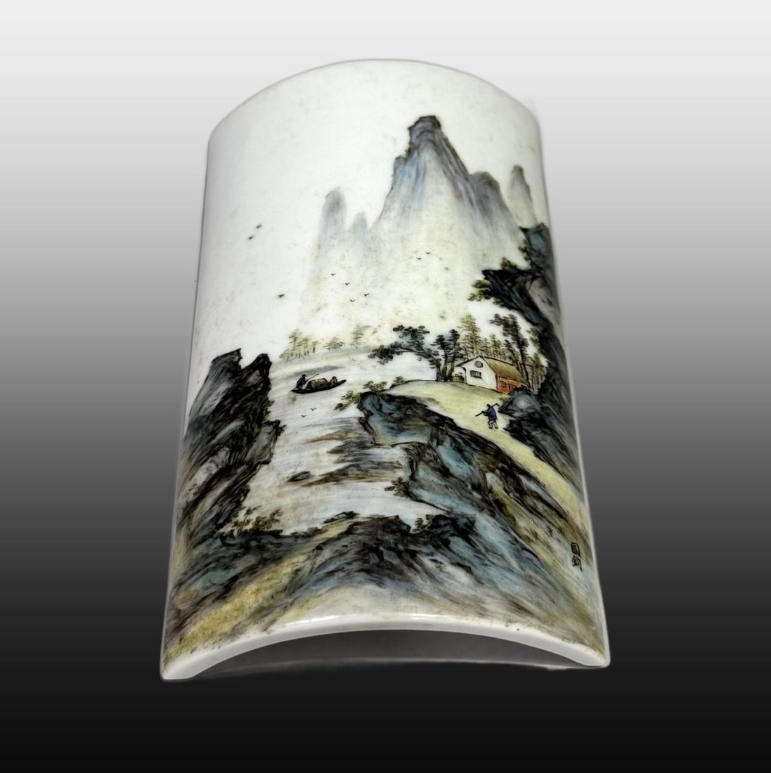 A Exquisite Famille-Rose Landscape Pattern Brush Holder: A Exquisite Famille-Rose Landscape Pattern Brush Holder,Republic of China,With Mark,Size:3.3inx6.1in 粉彩山水纹笔搁,民国,带款