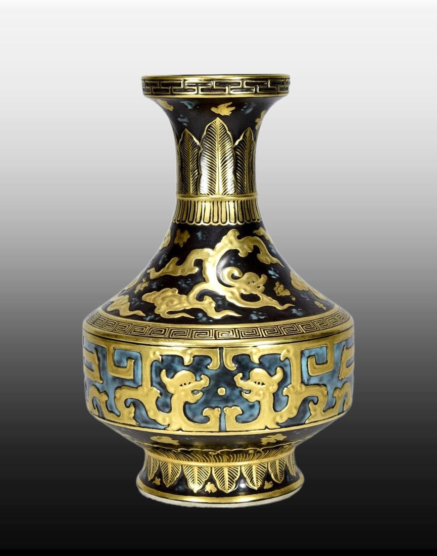 A Exquisite Black Gold Glazed Gilt Dragon Pattern Vase: A Exquisite Black Gold Glazed Gilt Dragon Pattern Vase,Qing Dynasty, China,Qianlong Six-character Mark,Size:11inx7.1in 乌金釉鎏金龙纹瓶,中国